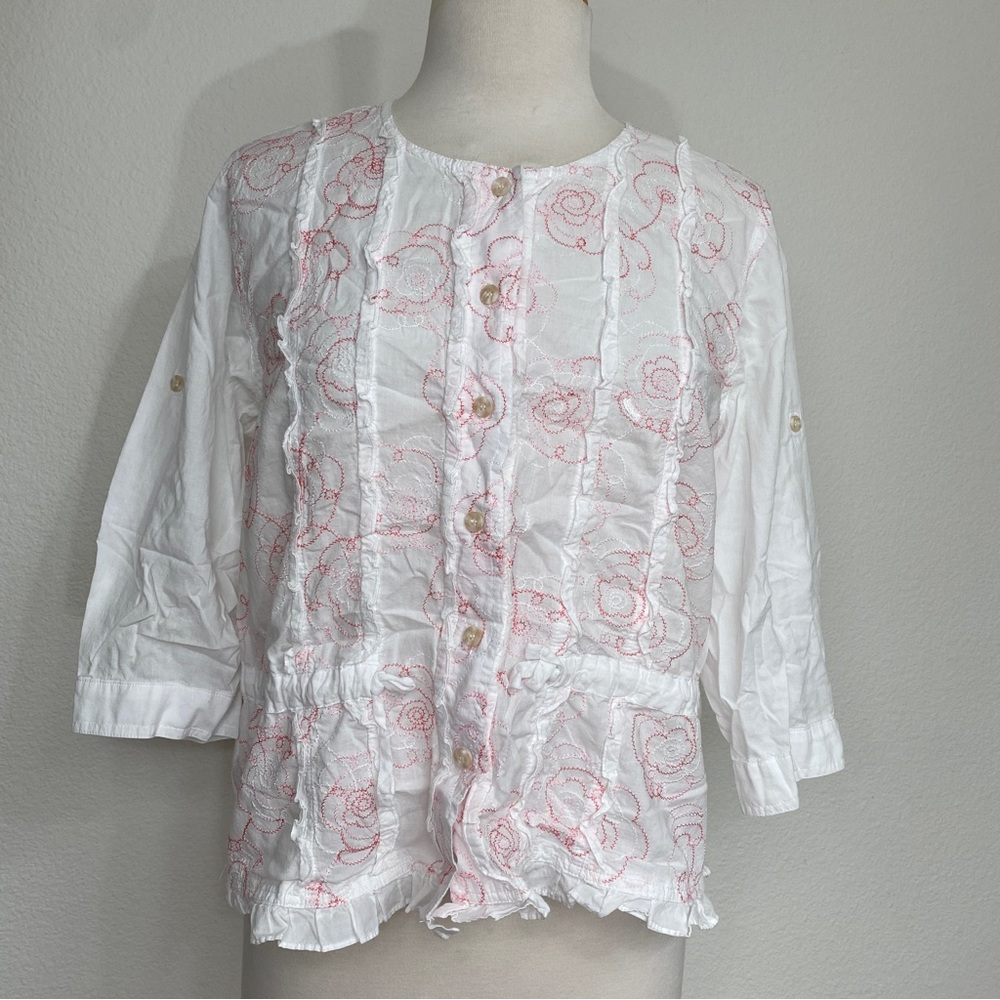 Vintage 90s Supremes Women White Pink Floral Ruffle Waist Tie Blouse Size Large